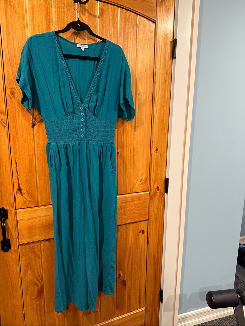 Patrons of Peace Teal V‑Neck Jumpsuit/Romper with Smocked Waist